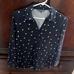 Adrianna Papell Navy and Beige Polka Dot Button Down Shirt